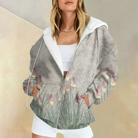 

KDDYLITQ Double Zip Hoodie Girls Floral Plus Size Sweatshirt Womens Clothes Outfit Fall Fashion Workout Jackets for Women Fleece Plus Size Maternity Clothes Gray M