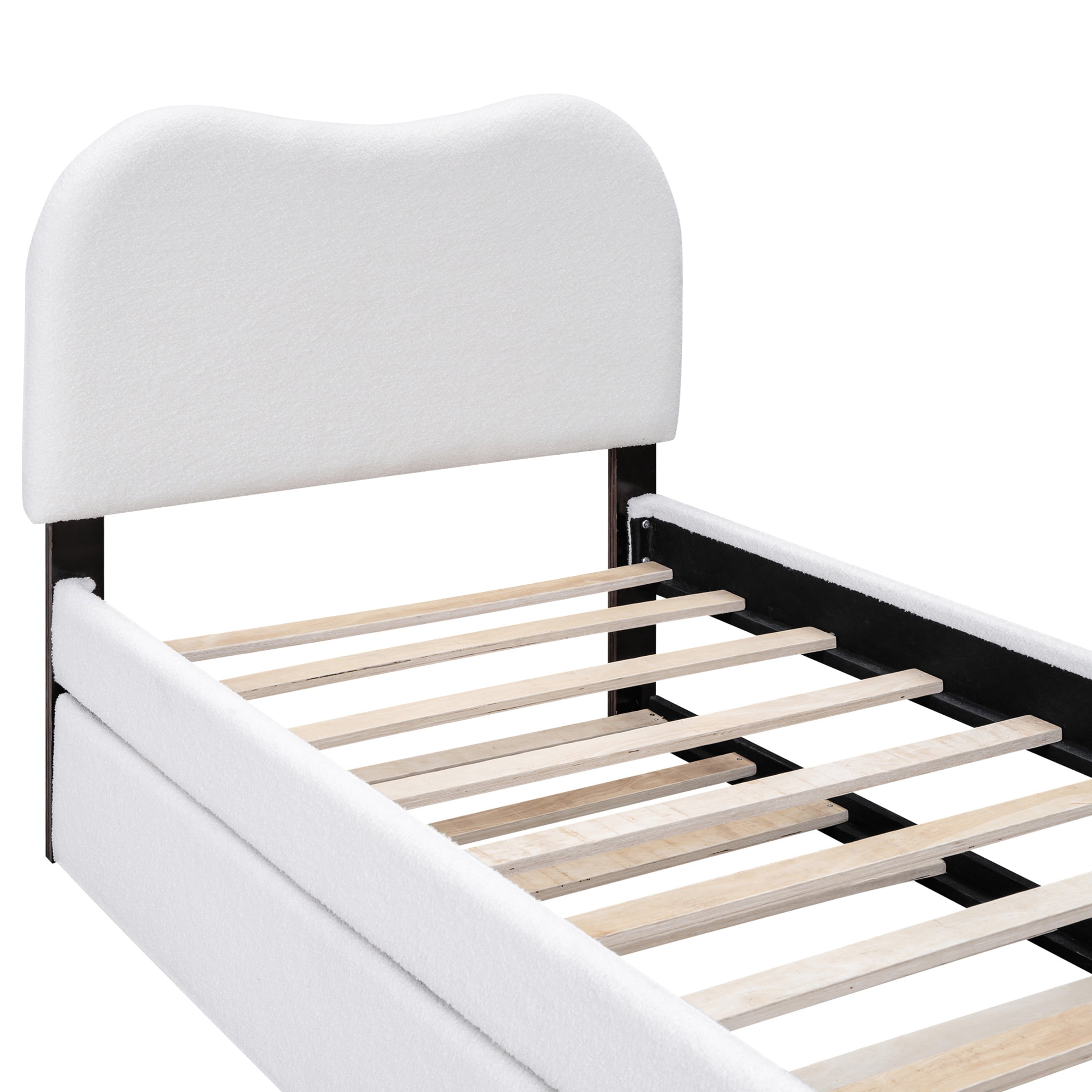 Noble House Sheila Twin Upholstered Platform Bed, Arc-Shaped Berber Fleece Frame with Twin Trundle, White