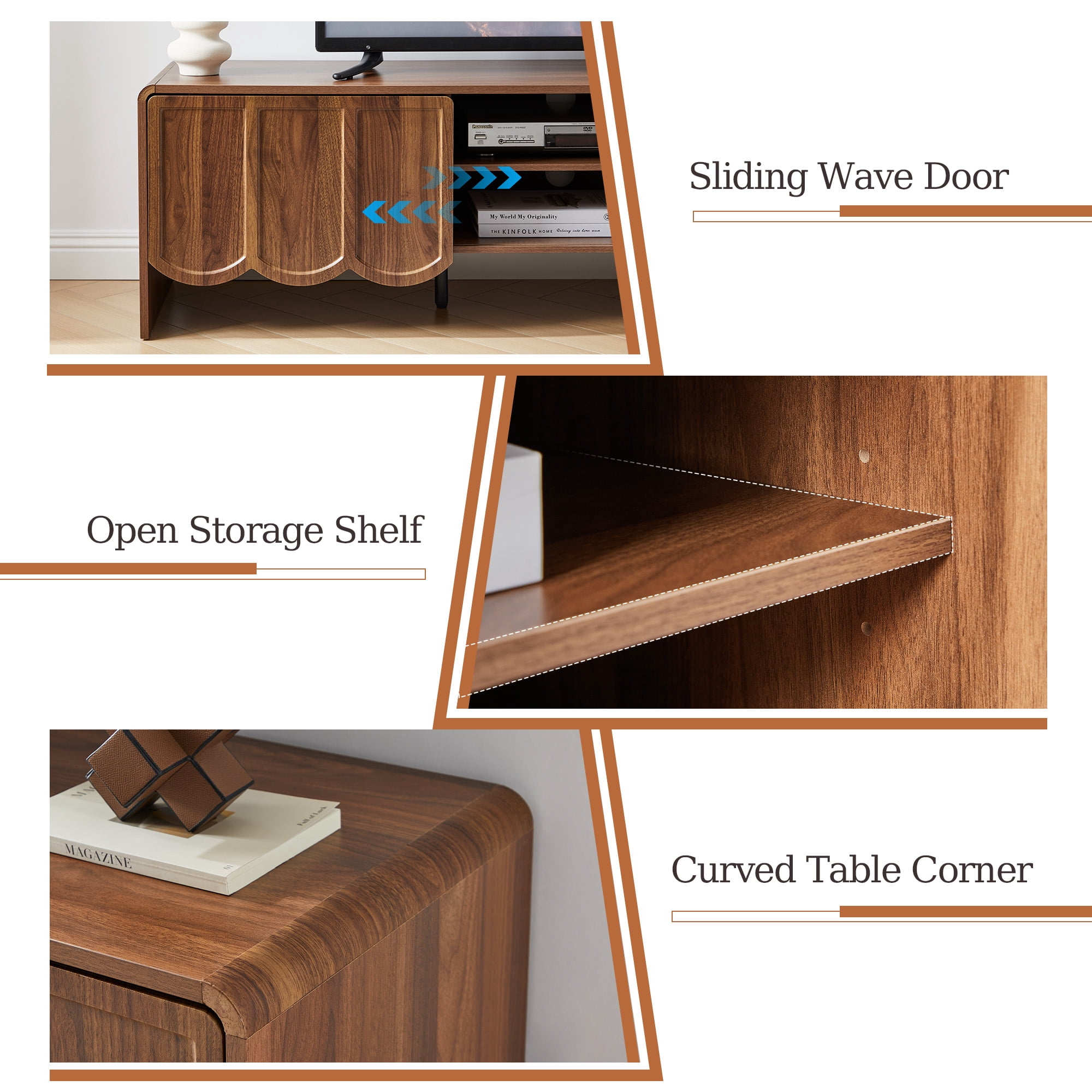 YOCWO TV Stands for 65 inch tv, TV Stand with Sliding Wave Doors, Wood Entertainment Center for TVs, Media Console Cabinet with Open Storage for Living Room, Walnut