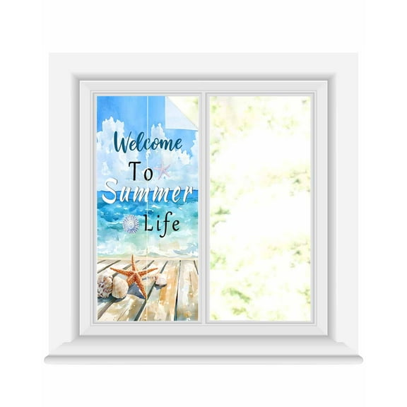 Window Privacy Film Coastal Beach Stained Glass Window Film Decorative Sun Block Window Cover Summer Ocean Wave Starfish Shell Plank Window Clings Static Adhesive Sticker for Bathroom 19.6"x39.3"