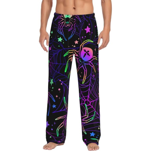 Naloa Multi-colored Spiders Print Pajama Pants Men, PJ Bottoms, Sleep & Lounge Pants-Large