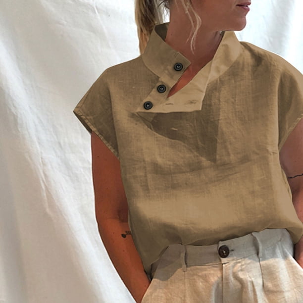 Blusa de algodón para mujer, cuello alto, abotonado lateral, manga corta, tallas grandes, moda in Romacci Blusa de mujer