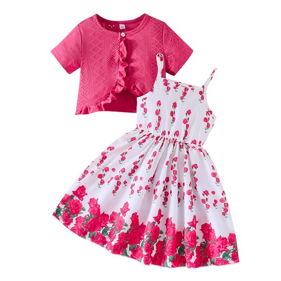 Ruyang Girls 2 Piece Clothes Flower Print Spaghetti Strap Dresses and Short Sleeve Cardigan Sets Summer Kids Beach Vacation Casual Outfits