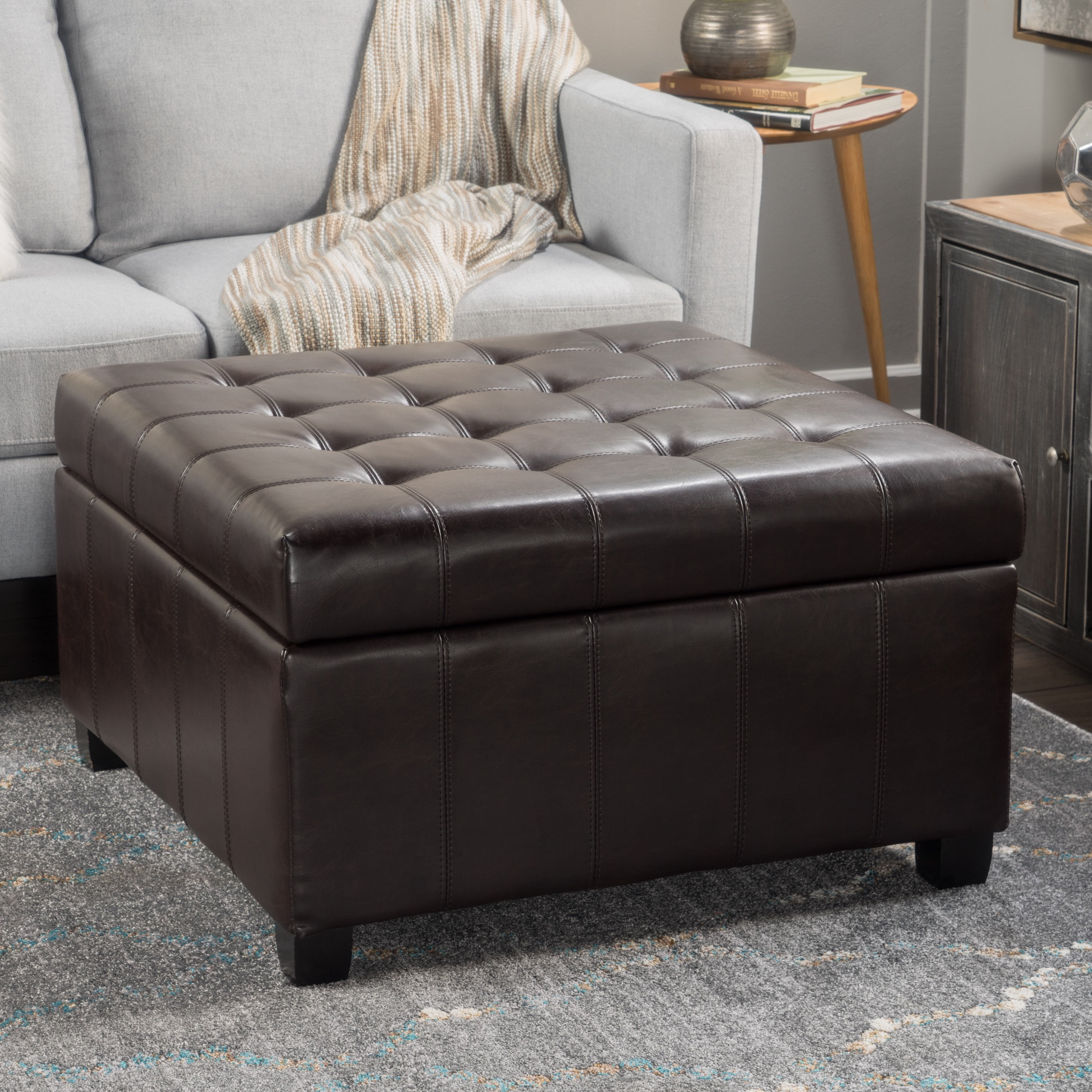 Alondra Contemporary Tufted Bonded, Brown Leather Storage Ottoman