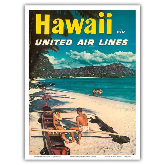 Hawaii - Outrigger Canoe (Wa’a) - Diamond Head Crater - United Air Lines - Vintage Hawaiian Travel Poster c.1960s - Master Art Print (Unframed) 9in x 12in