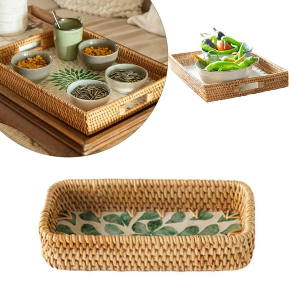 Decorasian Vintage Rattan Tray With Decorative Tray And Serving Tray With Handle In Boho Size 20 Cm X 20 Cm 20 Cm X 10 Cm/ Wicker Green Leaf Shell Tray 20*10*4Cm