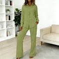 thumbnail image 2 of Women Summer Set Two Pieces Outfit Set Long Sleeve Point Lap Collar Button Down Shirt Wide Leg Pants Casual Vacation Matching Pants Set, 2 of 4