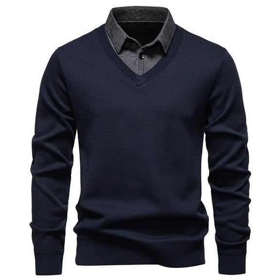 Men's Color Block Two In One Shirt Long Sleeve Quarter Button Lapel Collar Solid Pullover Top Navy 3XL