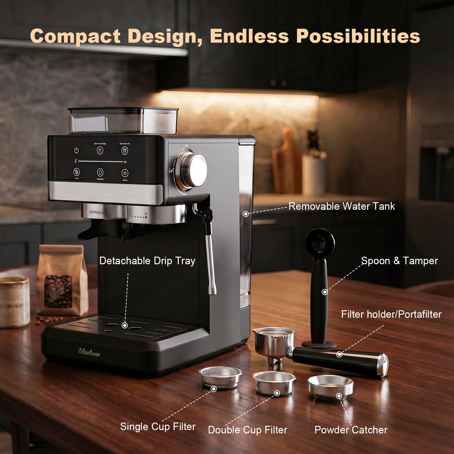 Bluebow Espresso Machine with Grinder, 20 Bar Semi-Automatic Coffee Maker with Milk Frother, Electric Touchscreen for Home Latte Cappuccino, Black