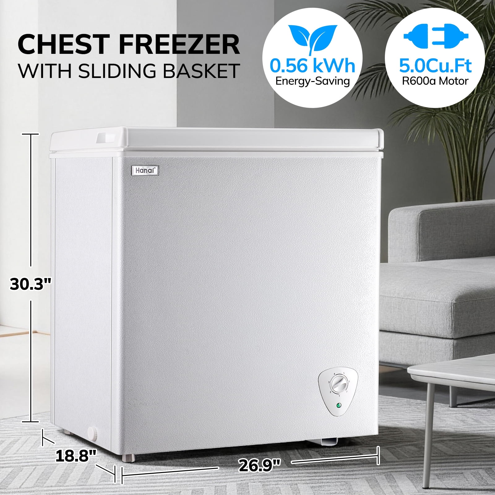 WANAI 5.0 Cu.ft Chest Freezer - Compact Deep Freezer with Top Open Door and Removable Storage Basket for Office Dorm or Apartment,White