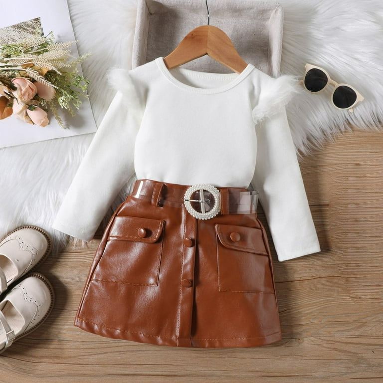 XYIJANI Little Girl Skirt Outfit Toddler Girl Autumn Winter Sweater Long Sleeve Top Pu Leather Skirt Pearl Buckle Belt Set for 1 To 6 Years Skirts for Girls 7 8 Brown 100 Walmart