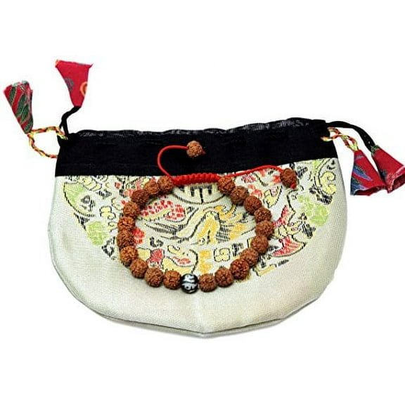 Hands Of Tibet Tibetan Mala Rudraksha Seed Wrist Mala Bracelet with Carved Om Mani Conch Shell Spacer Free Silk Pouch