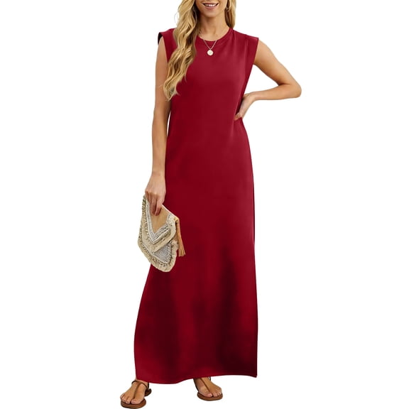 TaTaai Women's Solid Sleeveless Maxi Dress with Side Pockets Round Neck Ankle Length Flowy Casual Summer Beach Vacation Office Daily Wear Soft Non-See-Through Gift