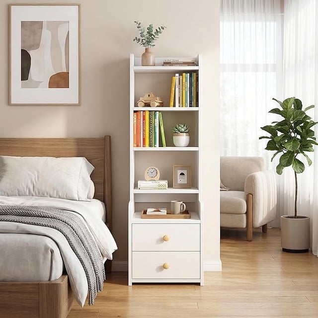 Mesita de Noche Multifuncional con estantes Abiertos, 4 baldas + 2 cajones. Armario de Almacenamiento para Dormitorio Que Funciona como Escritorio (Blanco).