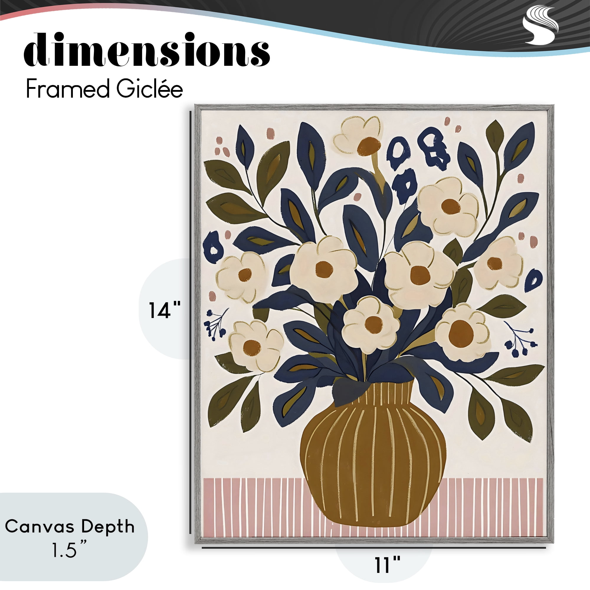 Stupell Industries Boho Floral Vase with Stripes Gray Framed Giclee Art, design by Creative Studio
