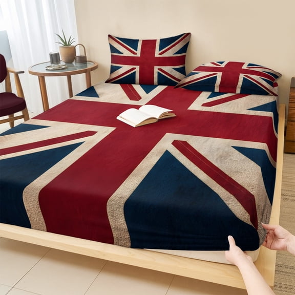 Cal.King Size Fitted Sheet Set - British Flag 3 Piece Bedding Sets 16" Deep Pocket Fitted Sheet with 2 Pillowcases, Vintage United Kingdom England Uk Flag Brushed Microfiber Hotel Luxury Bed Sheets