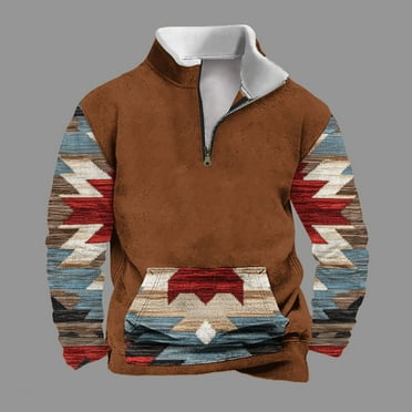 Mens 1/4 Zipper Pullover Sweatshirt Ethnic Printed Kangaroo Pocket Fall Winter Hoodie Tops Men Casual Fashion Stand Collar Cradation Retro Ethnic Print Zipper Pullover Long Sleeve Tops Sweatshirt