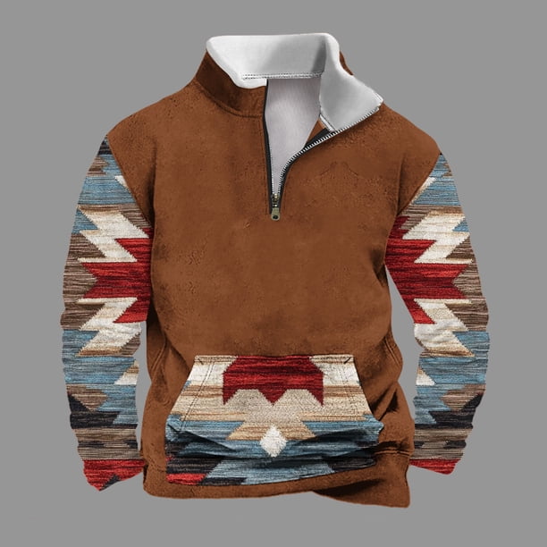 Sudadera sin capucha para hombre, informal, a la moda, con cuello alto, estampado étnico, cremallera, jersey de manga larga, blusa de poliéster para hombre