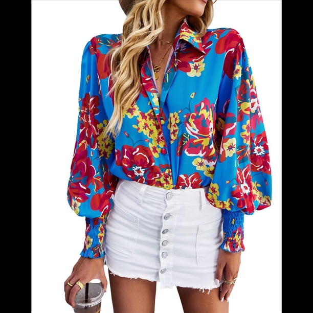 Blusa con Estampado Floral para Mujer, Larga, Botones, Informal, Elegante, Azul, Talla M