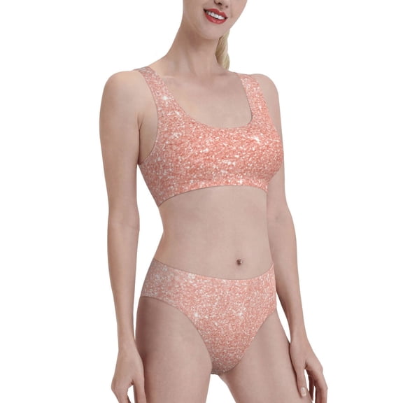 Picia Rose Gold Glitter Women's High Waisted Bikini Scoop Neck Swimsuit Two Pieces Bathing Suit-Small