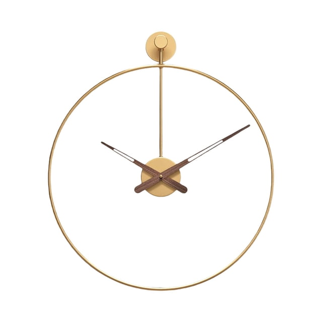 reloj de pared nórdico, mute moda ligero lujo decorativo redondo español oro zulema relojes de pared vista frontal centrada: aro circular delgado de aleación color oro sostenido por varilla vertical con base superior redonda, esfera central pequeña dorada y manecillas tipo paleta en acabado madera oscura; diseño silencioso según especificaciones, dimensiones 40x40x10 cm, ideal para sala, comedor, oficina o cafetería y como regalo decorativo.