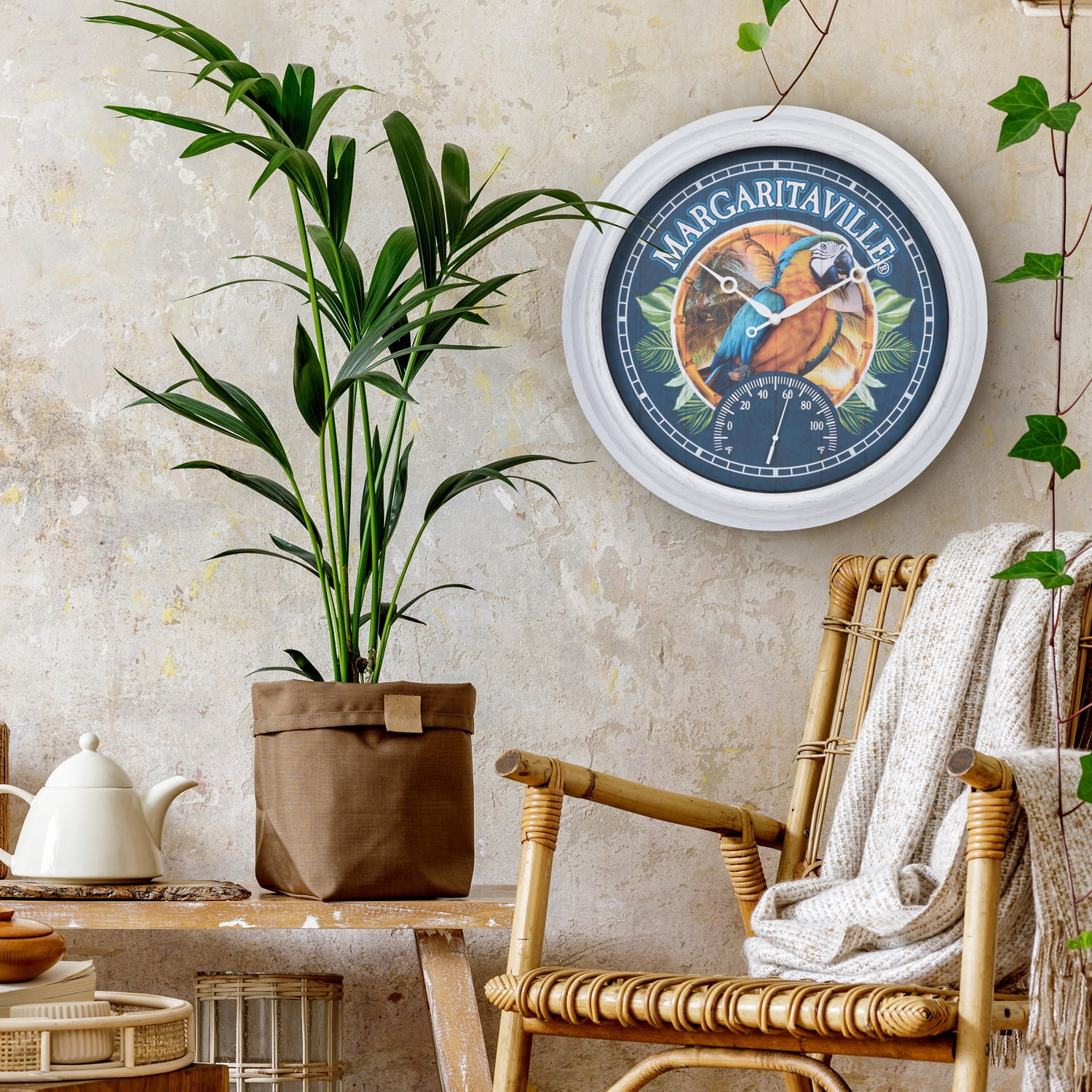 La Crosse Clock 15.75 inch Indoor/Outdoor Quartz Wall Clock w/ Temp - Margaritaville Macaw, 433-3841MV6T