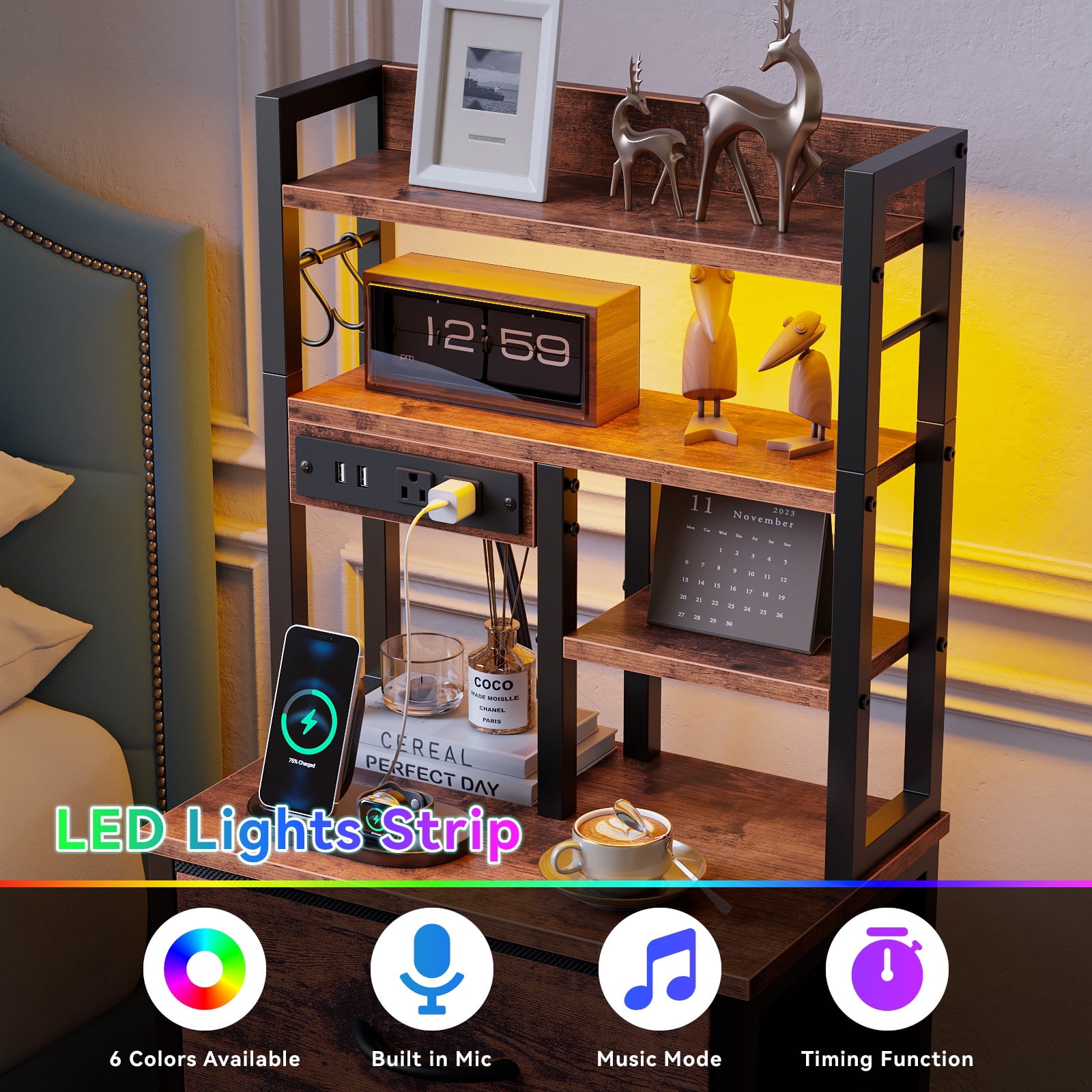 Satifur Tall Nightstand with Charging Station and LED Lights, Bedside Table with 4 Drawers and Bookshelf, Rustic Brown