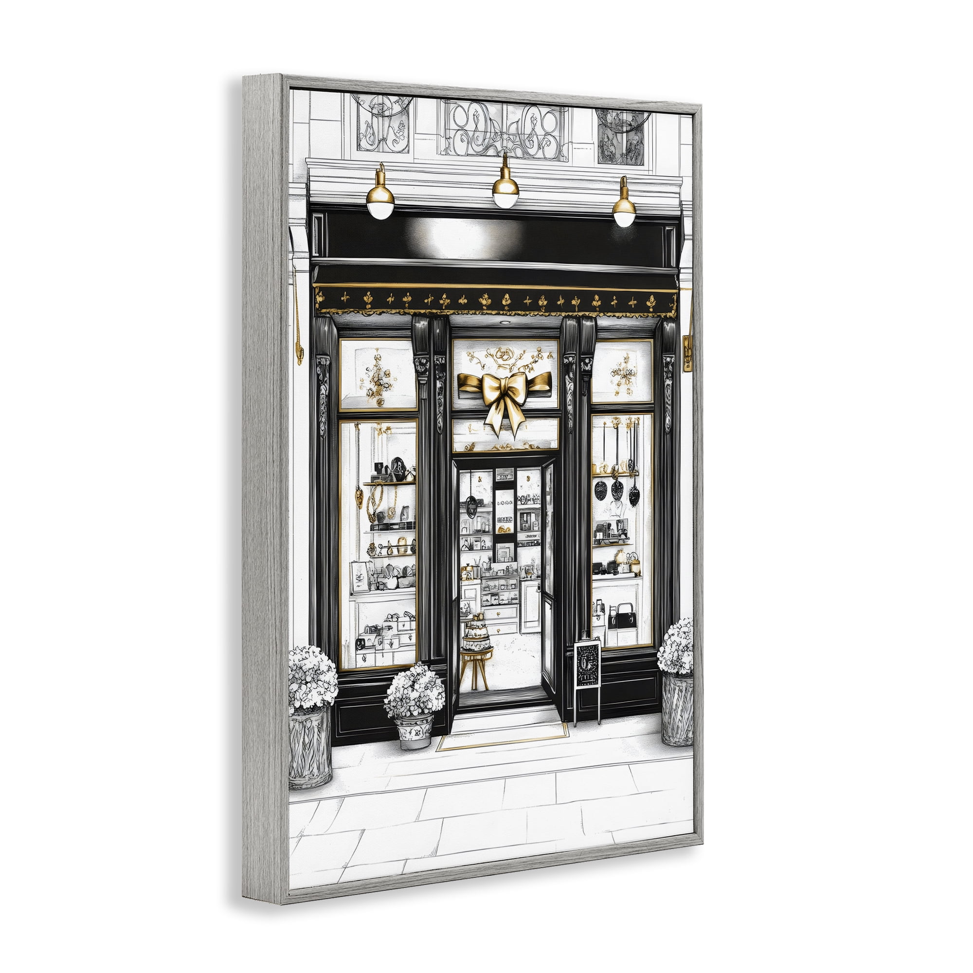 Stupell Industries Glam Paris Shop Facade Gray Framed Giclee Art, design by Petal Prints Design