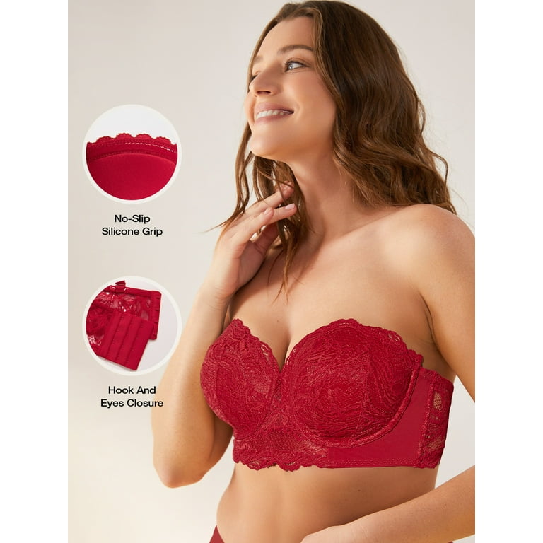 Deyllo Women's Push Up Strapless Bra Plus Size Lace Underwire Full Coverage  Multiway Invisible Bras,Red 38D 