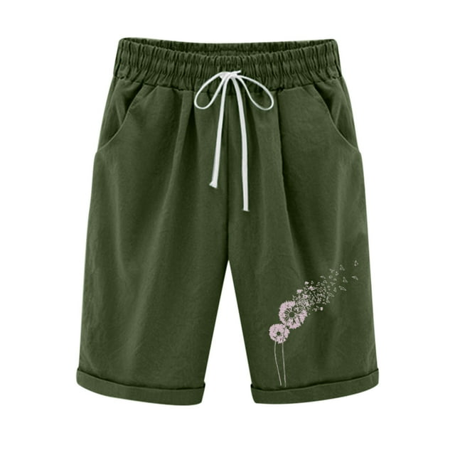Timegard Plus Size Shorts for Women Cotton Linen Elastic Waist Drawstring Ruched Casual Loose Shorts