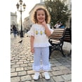 thumbnail image 4 of BemeyourBBs Toddler Baby Girl Back to School Outfit Kids Pre Kindergarten Outfits Little Baby Girl Summer Clothes Short Sleeve Ruffle Trim Bow Pencil Print T Shirt Tops Flared Pants Sets, 4 of 9