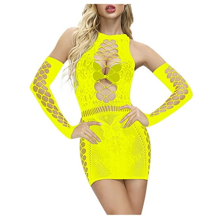 

YDKZYMD Maternity Lingerie Set Hollow Out Babydoll Womens with Glove Fishnet Pajamas Sexy See Through Nightshirt for Women Yellow One Size