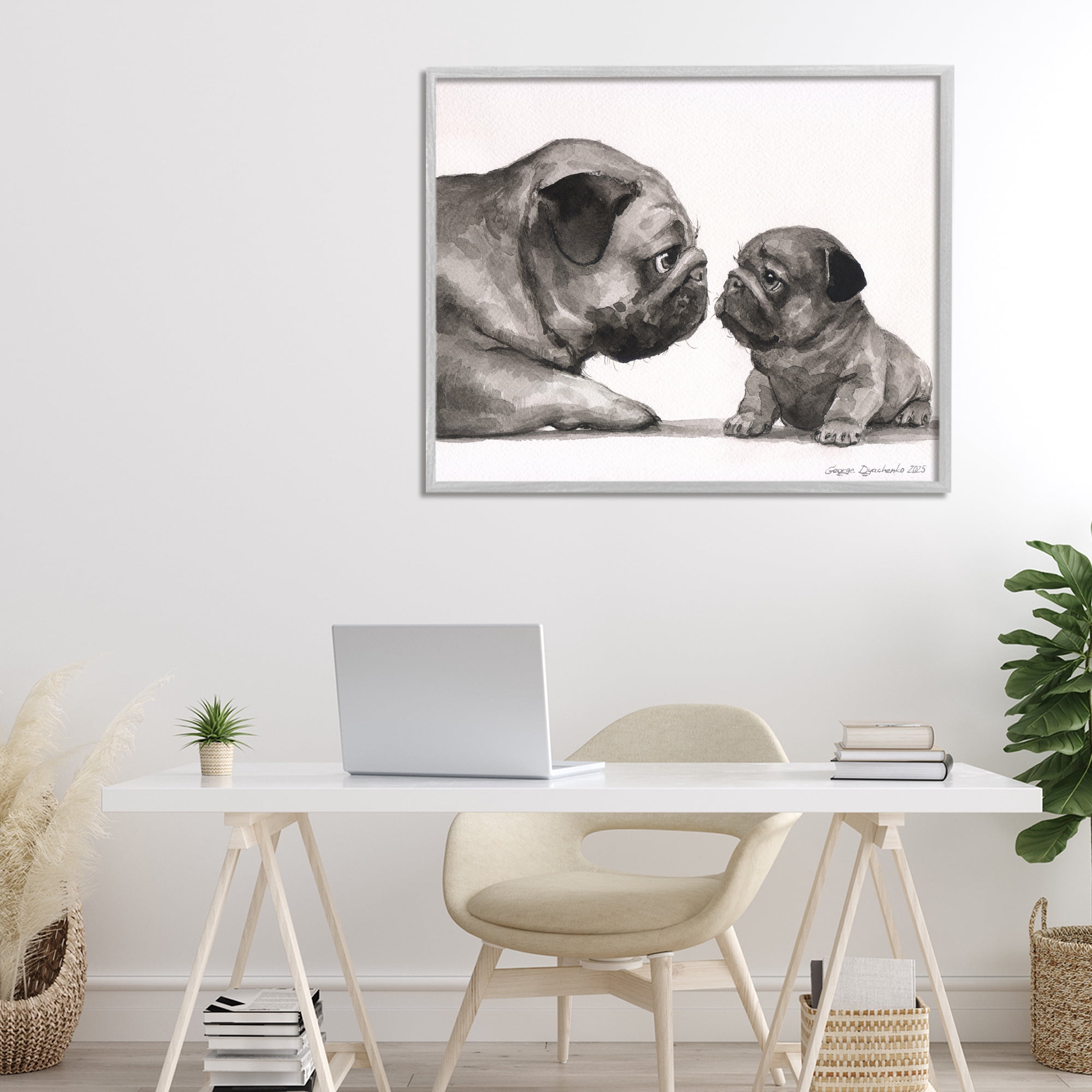 Stupell Industries Pug And Her Puppy Gray Framed Giclee Art, design by George Dyachenko