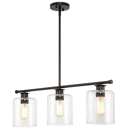 Kira Home Sloane 31" 3-Light Farmhouse Island Light, Glass Cylinder Shades, Adjustable Hanging Height, Oil Rubbed Bronze