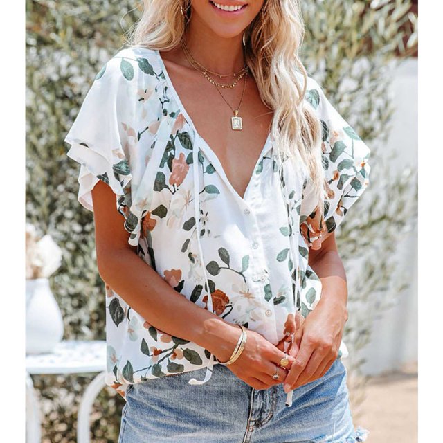 Camisa Informal Para Mujer, Suave, Transpirable, Con Volantes, Cuello En V, Estampado Floral, Bohemio, Manga Corta, Para La Oficina, Para El Hogar, Para El Verano Higoodz Otros