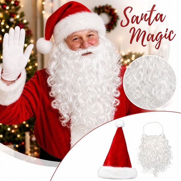 Aximioll Santa Hat and White Beard Set, Classic Santa Costume Accessory Kit, Soft Plush Santa Hat & Curly Fake Beard for Christmas Party Cosplay Holiday DressβUp