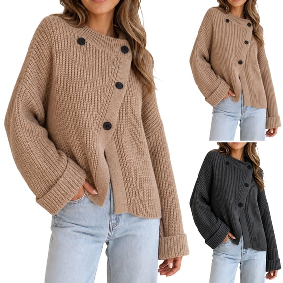 CaComMARK PI Womens Cardigan Sweaters Button Down Long Sleeve Knit Outerwear Oversized Fashion Chunky Open Front Sweater Khaki