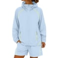 thumbnail image 2 of BODOAO Women's Hooded Jacket and Shorts 2 Piece Set Summer Casual Long Sleeve Zip Up Sporty Loungewear Outfit, Lightweight Track Suit with Side Pockets for Travel and Gym Light Blue 3XL, 2 of 9