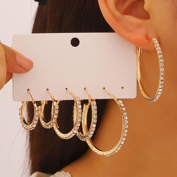 SmartBy 3 Pairs Women Earrings Ear-Pin Closure Stable Wearing Structure Multi-Size Hoop Earrings with Rhinestones Inlaid Jewelry Gift