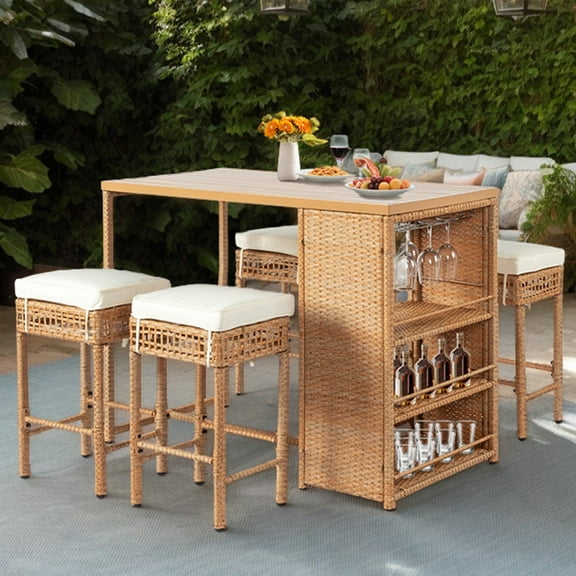 Zimtown 5-Piece Patio Bar Set, High-Top Table & 4 Stools with Wine Holder, Yellow PE Wicker