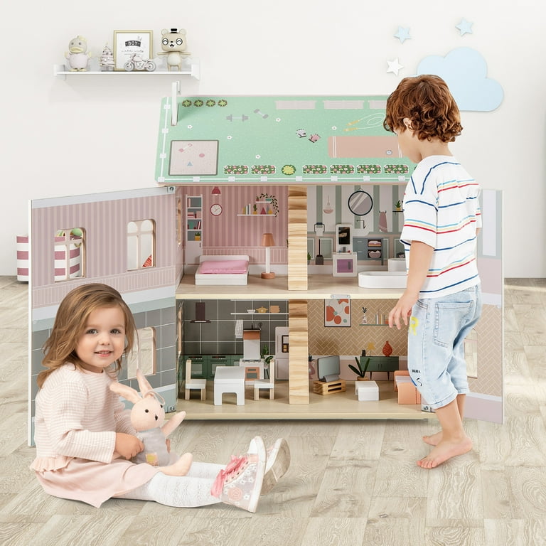 Gymax Kids Wooden Dollhouse w/ Double-Sided Roofs & Openable Doors