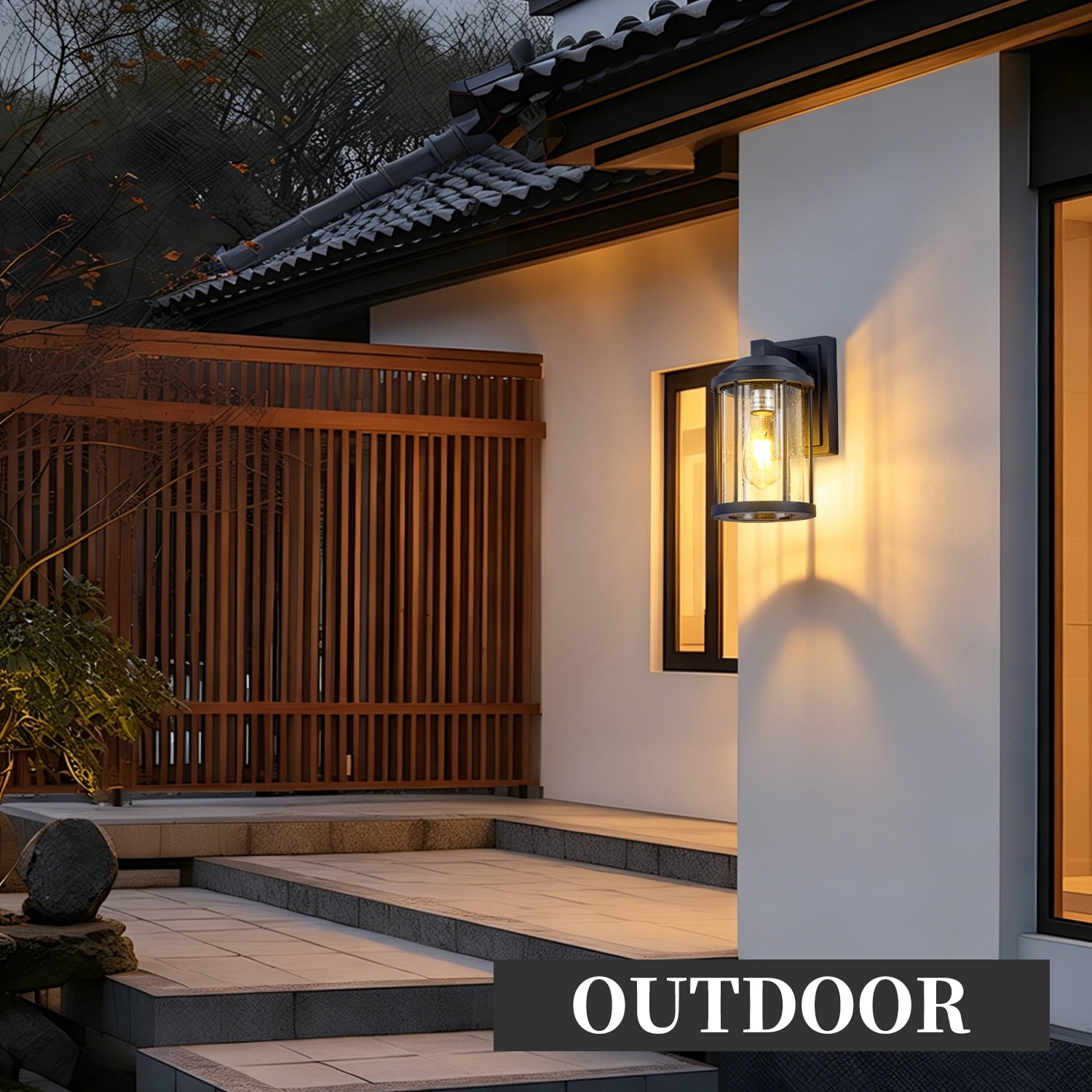 Set of 2 Outdoor Wall Sconces with Seeded Glass and Black Finish, Exterior Porch Lanterns for House and Garage, Black