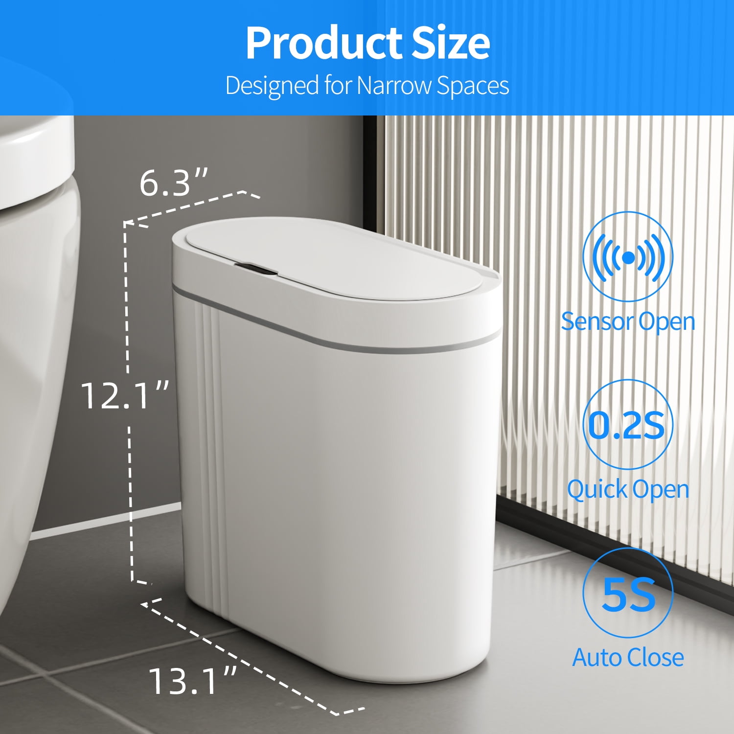TINANA Automatic Sensor Trash Can: 3.7 Gallon Plastic Garbage Bins, 14L Waterproof Touchless Slimline Wastebasket for Bathroom, Bedroom, Kitchen, Office, White