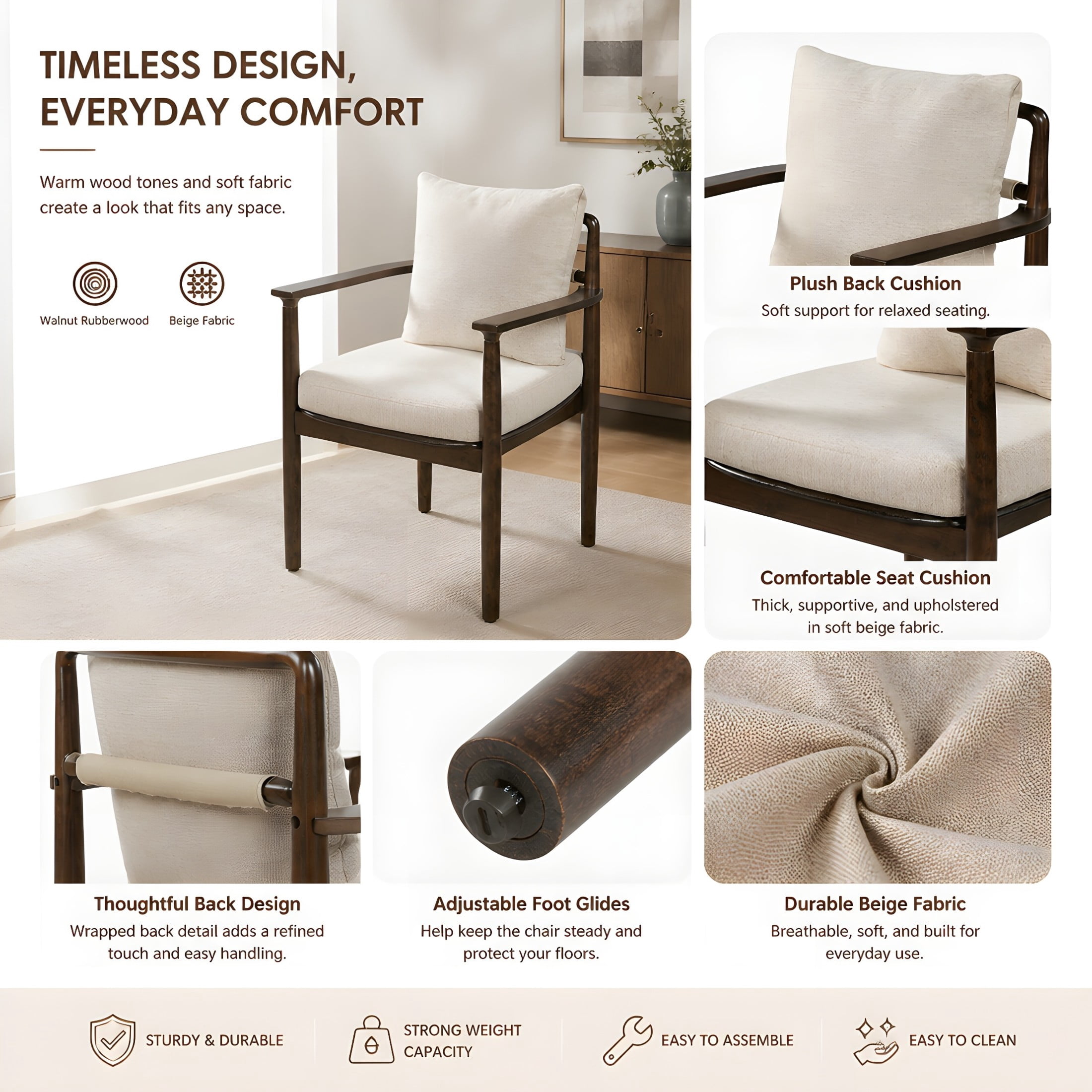 Christopher Knight Home 7-Piece Mid-Century Wood Dining Table with Upholstered Armchairs Set, Walnut+Beige