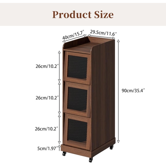 4 Tier Narrow Potato Storage Bin, Tall Wood Potato and Onion Storage Bin with Wheel, Movable Fruit and Vegetable Basket, Food Small Kitchen Pantry Cabinet, Wooden Bread Box, Walnut, Sliding Door