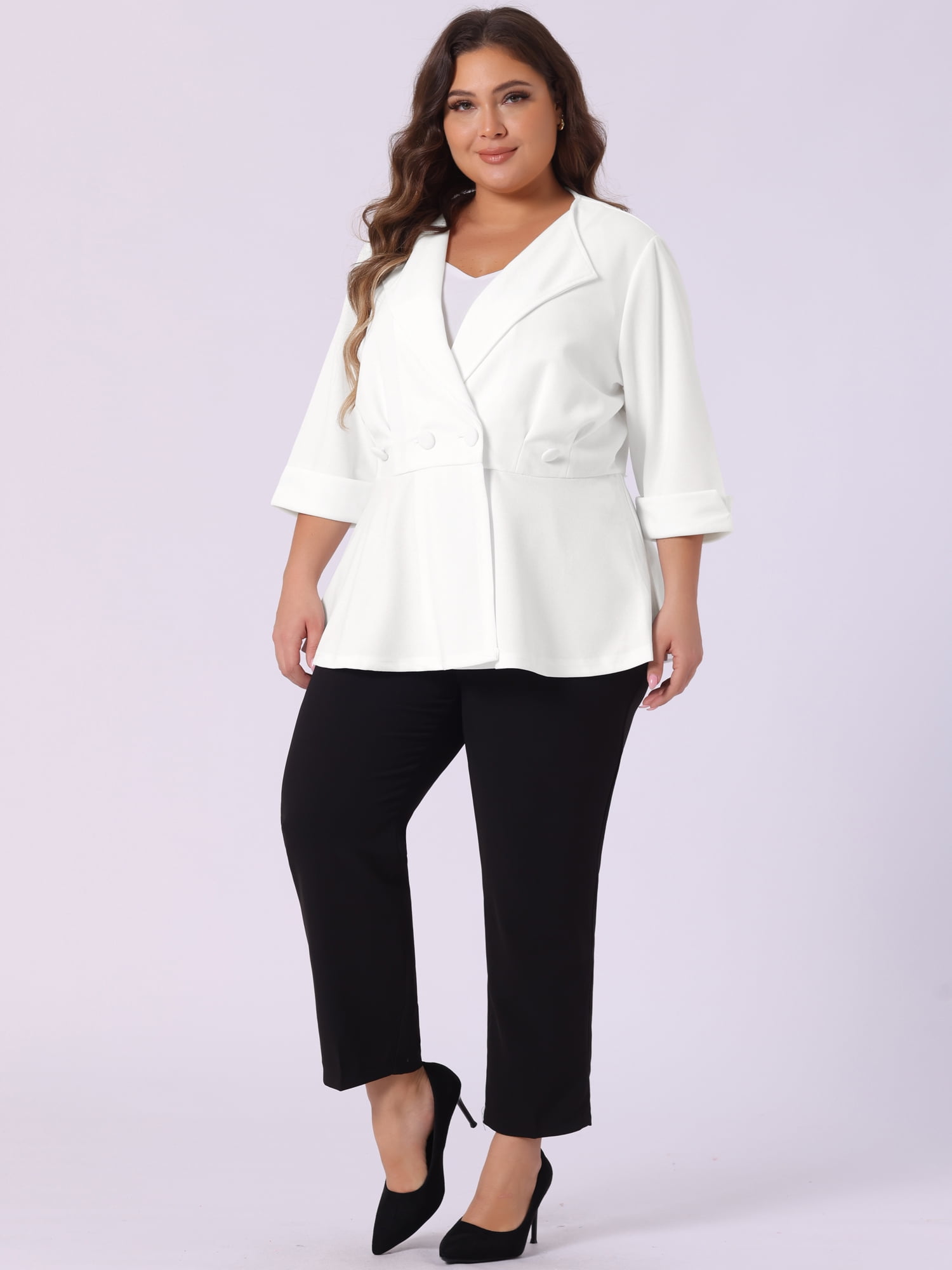 DARING DIVA Women's Plus Ruffle V Neck Business Button Ruched Blazer White 2X