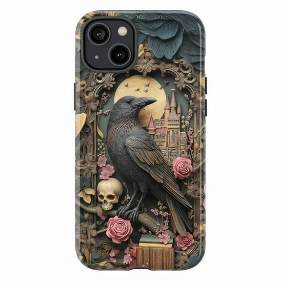 Fantasy Raven Phone Case, Dark Academia Gothic Crow with Moon and Castle Design Protective Cover for iPhone 16 15 14 13 12 11 Pro Max Plus Mini