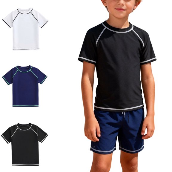 WAVSUF Boys Swim T-Shirt Quick Dry Sun Protection Short Sleeve Crew Neck Summer Beach Rashguard Black 8
