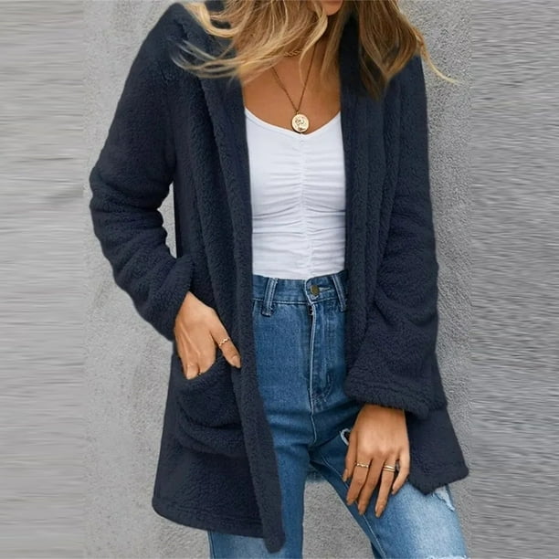 Cárdigan de invierno para mujer, de manga larga, de color liso, de punto, con doble bolsillo y capucha, de polar, chaqueta, abrigo para mujer