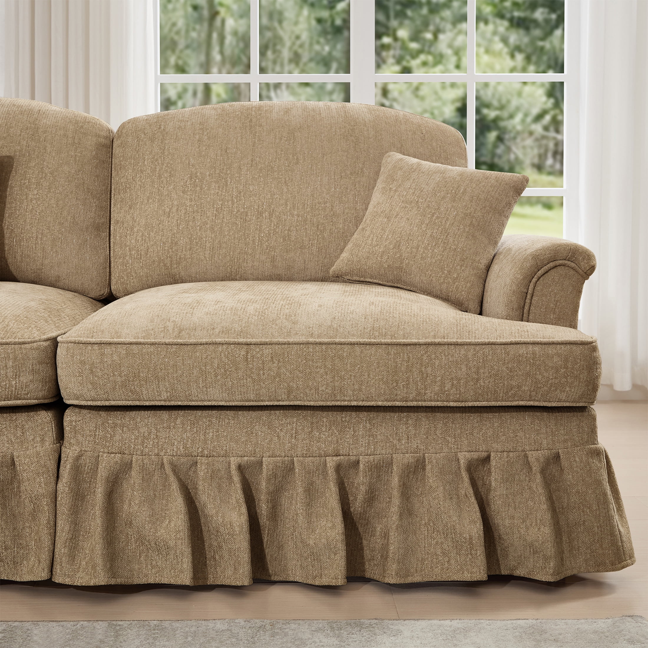 Noble House L-Shaped 2-Seater Sofa with Flared Arms, Removable Pleated Skirt, Spindle Legs, Chenille, Movable Ottoman, Light Coffee